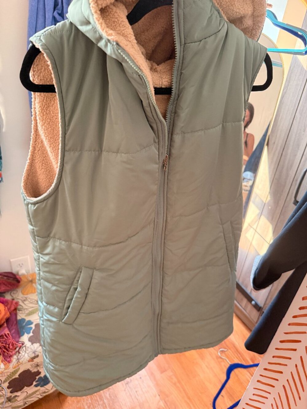 Sage Green | Puffer Vest Fleece Sherpa Hooded Reversible Zip Up Vest | Sz M